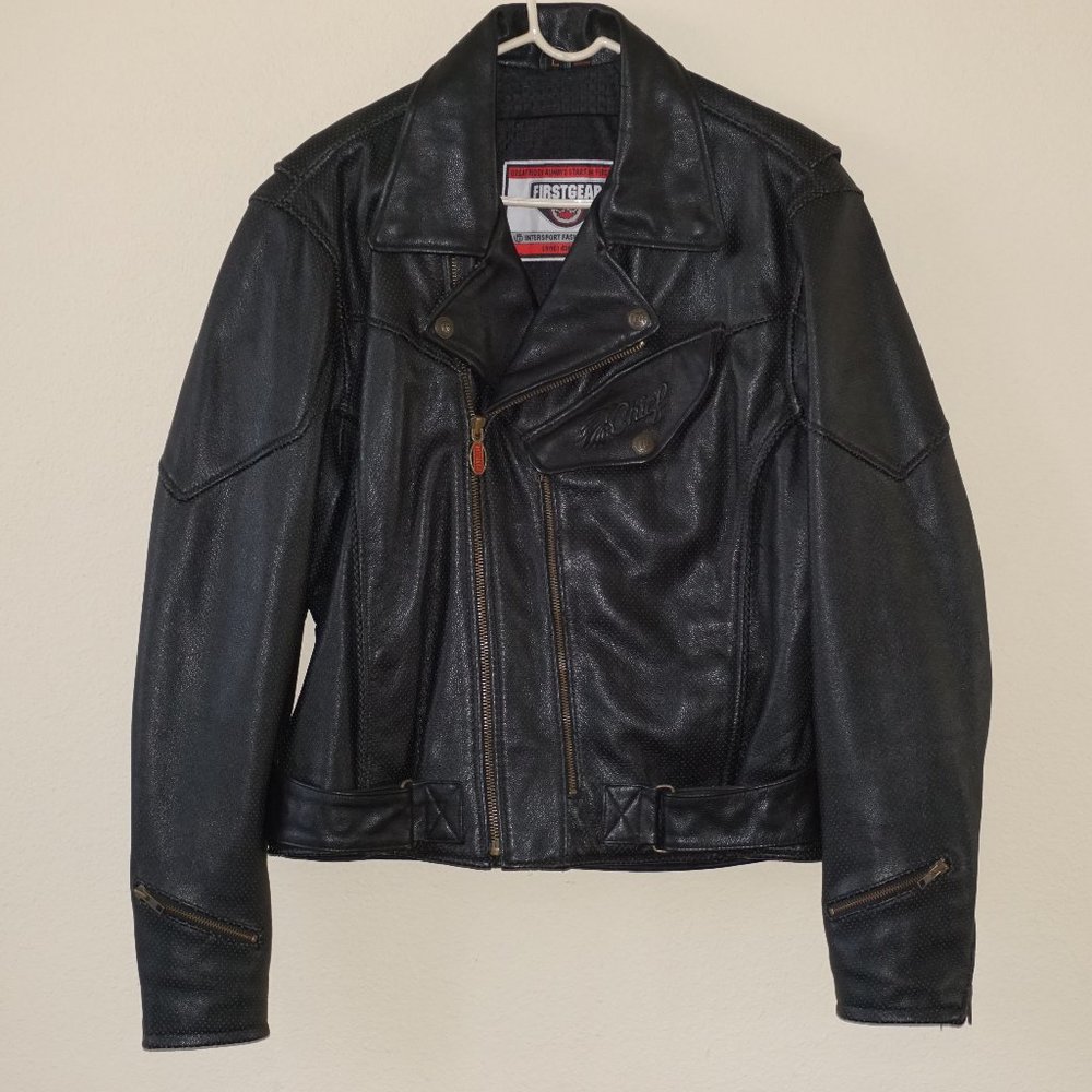 First Gear Black Leather Motorcycle Jacket